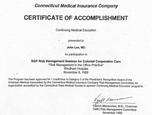 2-102 : Connecticut Medical Insurance Company 소아과학 연수교육 받은 확인증
