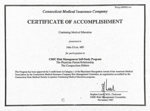 2-103 : Connecticut Medical Insurance Company 소아과학 연수교육 받은 확인증