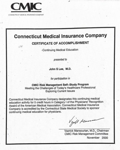 2-151 : Connecticut Medical Insurance Company 소아과학 연수교육 받은 확인증