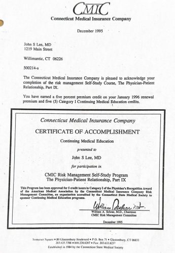 2-152 : Connecticut Medical Insurance Company 소아과학 연수교육 받은 확인증
