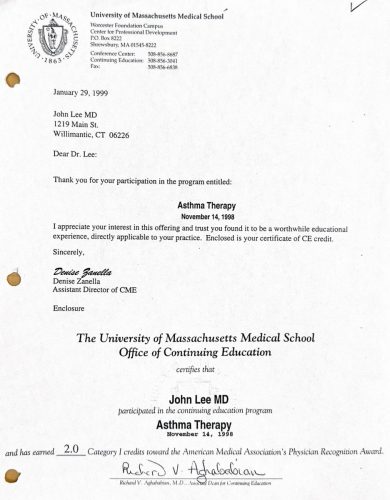 2-153 : University of Massachusetts Medical School 소아과학 연수교육 경력 증명서  1998년 11월