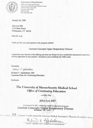 2-159 : University of Massachusetts Medical School 소아과학 연수교육 경력 증명서