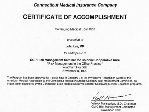 2-176 : Connecticut Medical Insurance Company Risk Management 소아과학 연수교육 확인증