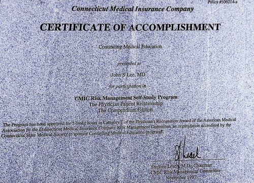 2-177 : Connecticut Medical Insurance Company Risk Management 소아과학 연수교육 확인증