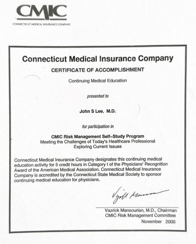 2-189 : Connecticut Medical Insurance Company Risk Management 소아과학 연수교육 확인증