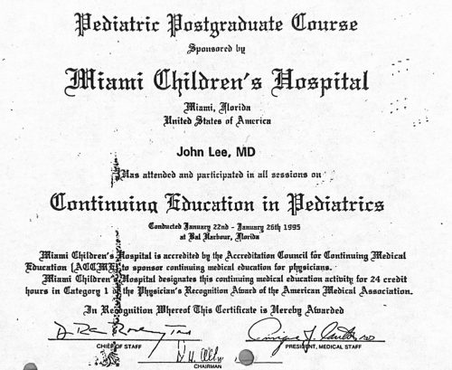 2-196 : Miami Children Hospital 소아과학 연수교육 경력