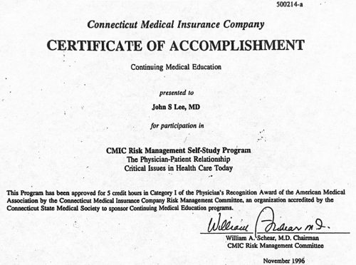 2-208 : Connecticut Medical Insurance Company Risk Management 소아과학 연수교육 확인증