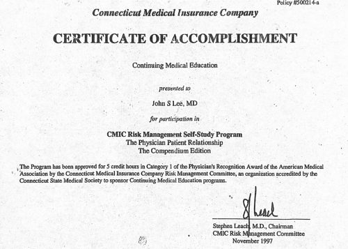 2-209 : Connecticut Medical Insurance Company Risk Management 소아과학 연수교육 확인증