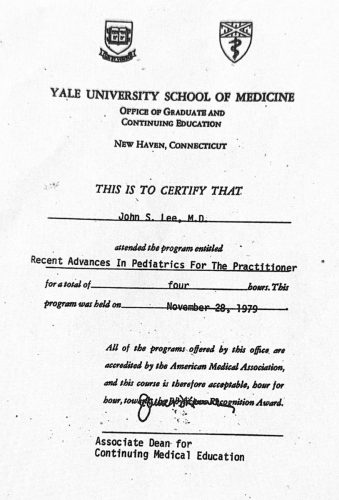 2-52 : 이상원 박사가 받은 Yale 의과대학 소아과학 연수교육 경력, 1979년 11월