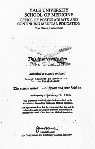 2-54 : 이상원 박사가 받은 Yale 의과대학 소아과학 연수교육 경력, 1988년
