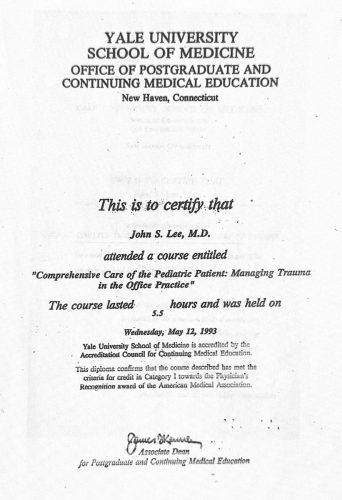 2-56 : 이상원 박사가 받은 Yale 의과대학 소아과학 연수교육 경력, 1993년