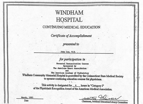 2-57 : 이상원 박사가 받은 Windham Hospital 소아과학 연수교육 경력, 1991년 3월
