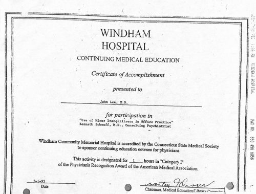 2-58 : 이상원 박사가 받은 Windham Hospital 소아과학 연수교육 경력, 1993년 3월 1일