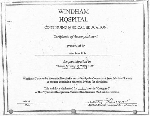 2-59 : 이상원 박사가 받은 Windham Hospital 소아과학 연수교육 경력, 1991년 3월 8일