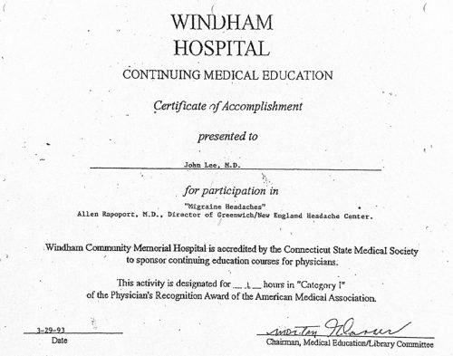 2-60 : 이상원 박사가 받은 Windham Hospital 소아과학 연수교육 경력, 1993년