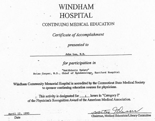 2-61 : 이상원 박사가 받은 Windham Hospital 소아과학 연수교육 경력, 1993년 4월 12일