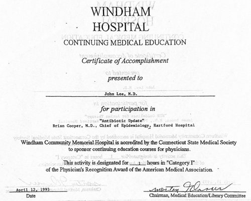 2-63 : 이상원 박사가 받은 Windham Hospital 소아과학 연수교육 경력, 1994년 2월 28일