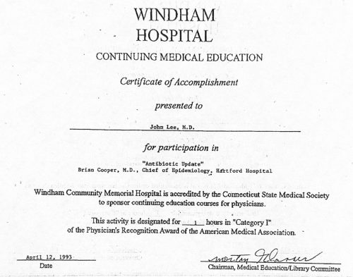 2-64 : 이상원 박사가 받은 Windham Hospital 소아과학 연수교육 경력, 1994년 4월 11일