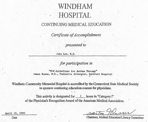 2-65 : 이상원 박사가 받은 Windham Hospital 소아과학 연수교육 경력, 1995년 4월 18일