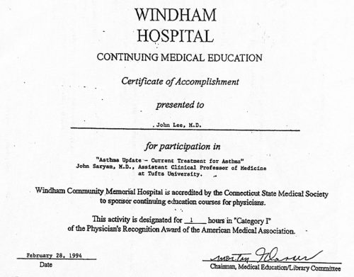 2-66 :  이상원 박사가 받은 Windham Hospital 소아과학 연수교육 경력, 1994년 2월 28일