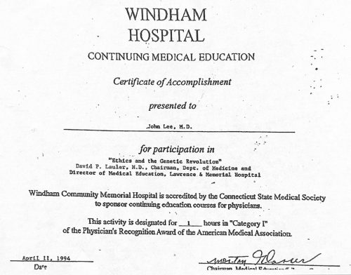 2-68 : 이상원 박사가 받은 Windham Hospital 소아과학 연수교육 경력, 1994년