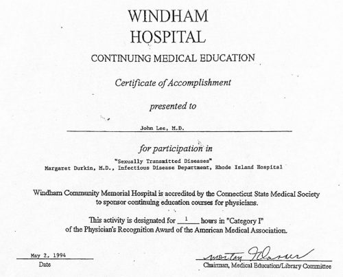 2-70 : 이상원 박사가 받은 Windham Hospital 소아과학 연수교육 경력, 1994년 5월 2일