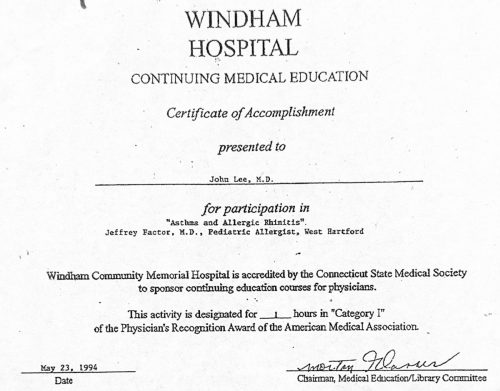 2-71 : 이상원 박사가 받은 Windham Hospital 소아과학 연수교육 경력, 1994년 5월 23일