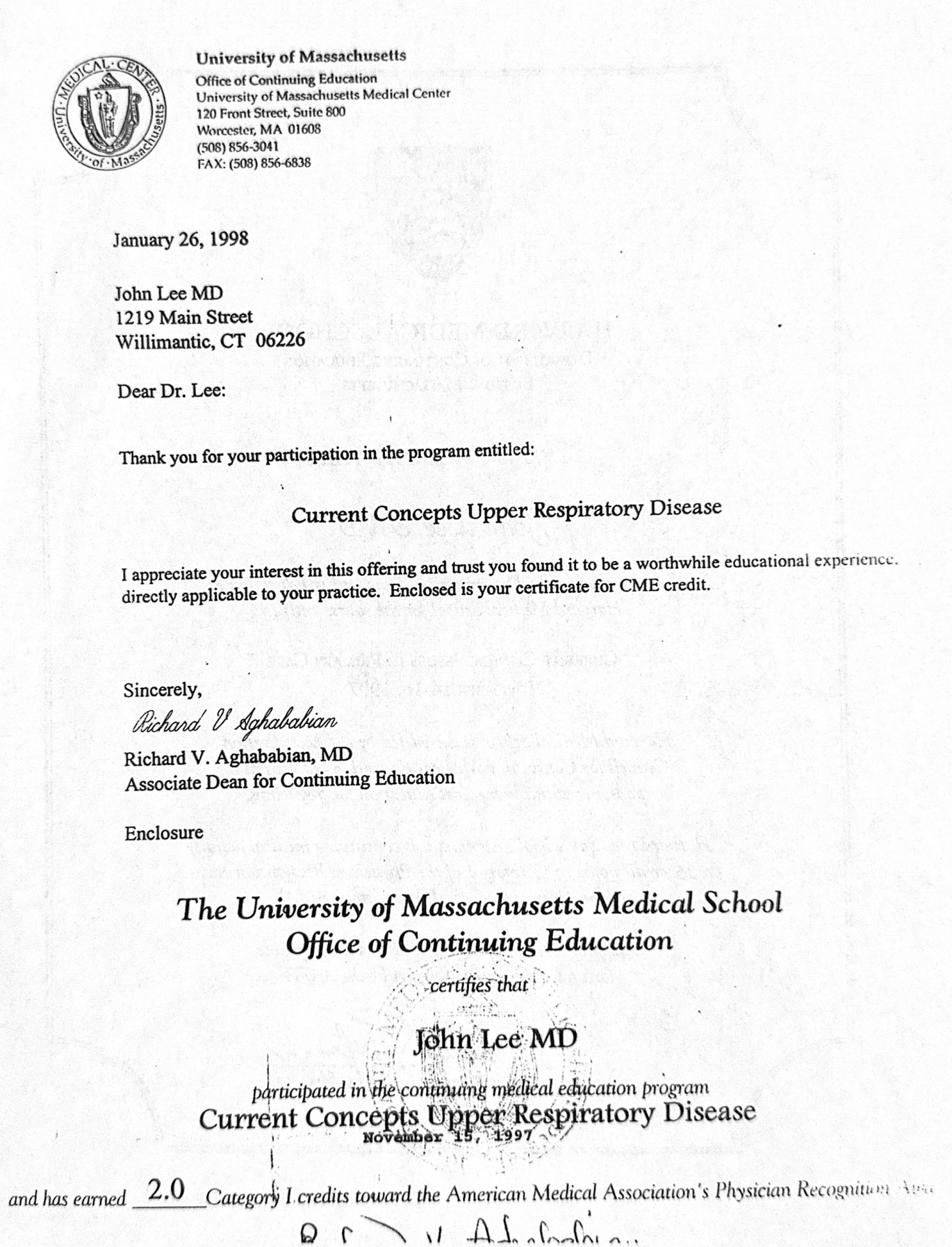2-88 : University of Massachusetts Medical School 소아과학 연수교육 경력, 1998년 11월
