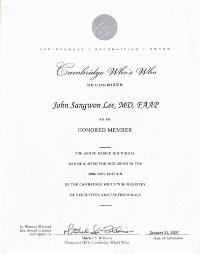 3-113 : The National Registry Who's Who는 이상원 박사는 영광스런 멤버라고 말했다. 2007년