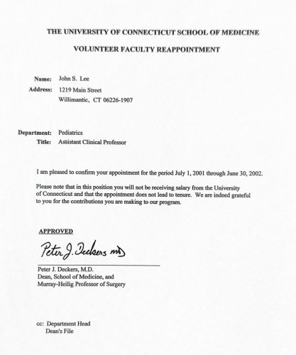 3-119 : University Connecticut  의과대학에서 이상원 박사를 Assistant Clinical Professor로 재임명, 2001년