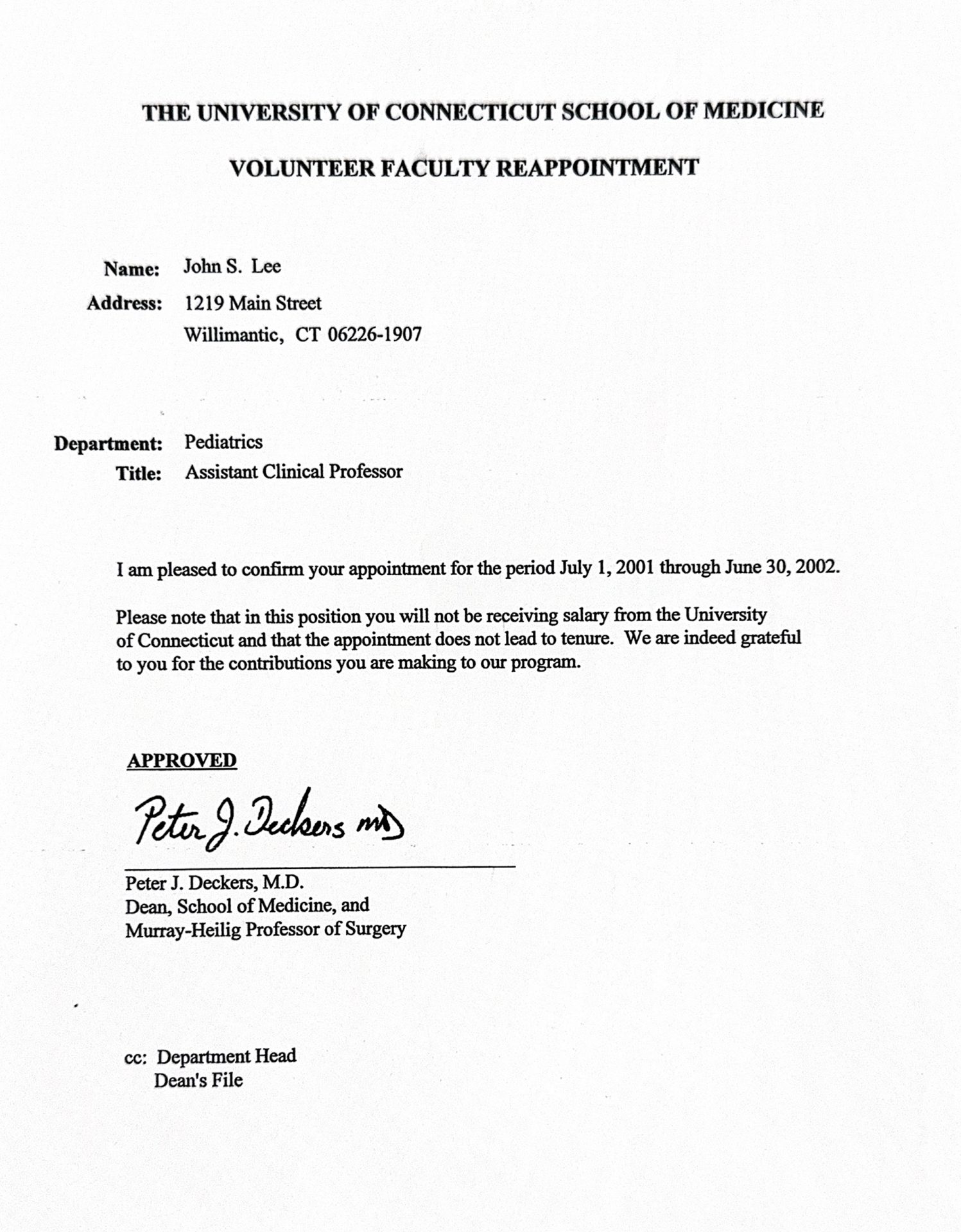 3-120 :  University Connecticut  의과대학에서 이상원 박사를 Assistant Clinical Professor로 재임명, 2001년