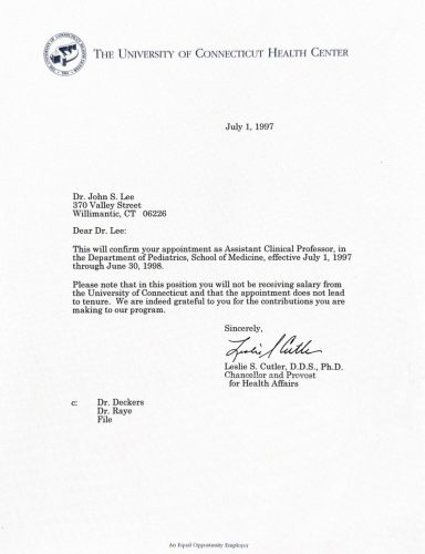 3-121 : University Connecticut  의과대학에서 이상원 박사를 Assistant Clinical Professor로 재임명, 2007년