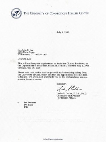 3-122 : University Connecticut  의과대학에서 이상원 박사를 Assistant Clinical Professor로 재임명, 1998년