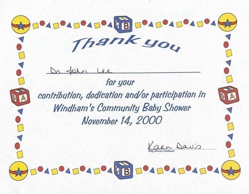 3-136 : Windham's Community Baby Shower에서 받은 감사장, 2000년