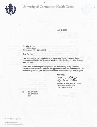 3-139 : University Connecticut  의과대학에서 이상원 박사를 Assistant Clinical Professor로 재임명, 1997년