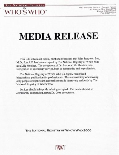 3-70 : 이상원 박사 John Sangwon Lee, MD,. FAAP가  Who's Who 벰버에 속한다는 기사