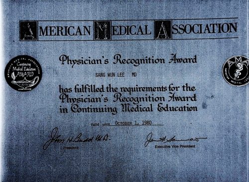 3-80 : American Medical association이 주는 Physician Recognition Award를 이상원 박사가 받았다. 1980년