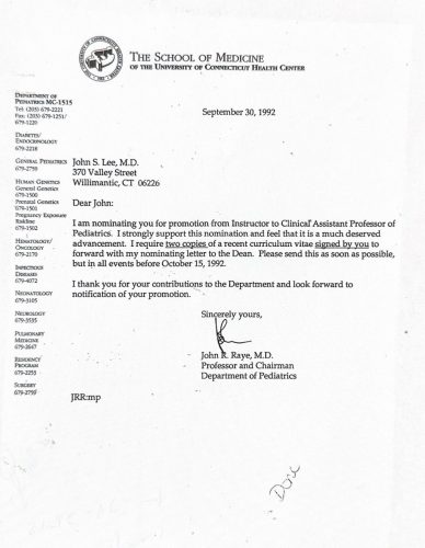 3-83 : University Connecticut  의과대학 소아과 과장 John Reye 소아과장은 이상원 박사를 Assistant Clinical Professor로 임명 ,1994년