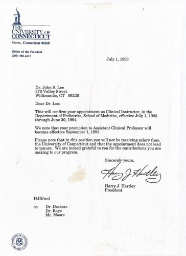 3-84 : University of Connecticut  총장 Harry J. Hartley는 이상원 박사를 Assistant Clinical Professor로 임명, 1993년