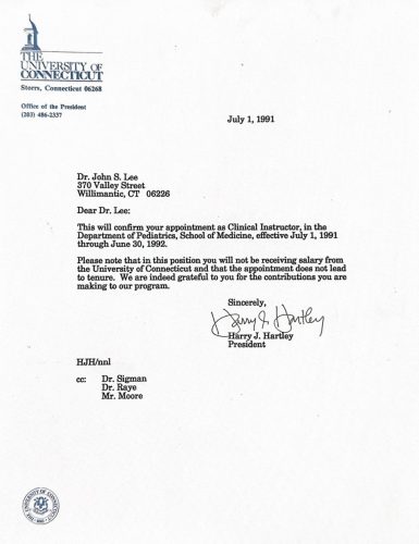 3-86 : University of Connecticut, 총장 Harry J. Hartley는 이상원 박사를 Clinical Instructor로 임명, 1991년