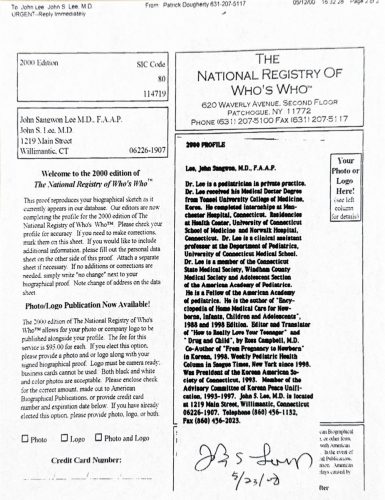 3-87 : 이상원 박사는 The National Registry Who's Who에 등재, 2000