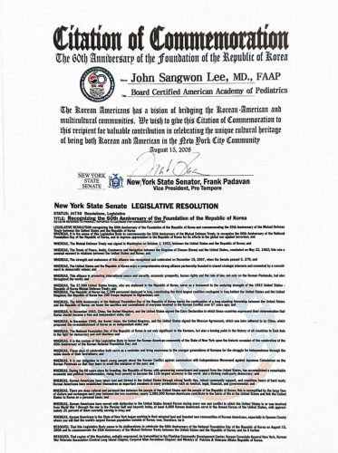 3-93 : Citation Commemoration, The 69th Anniversary of the Foundation of Republic of Korea. New York State Senator가 John Sangwon Lee. MD,. FAAP에게 등록하라고 온 편지