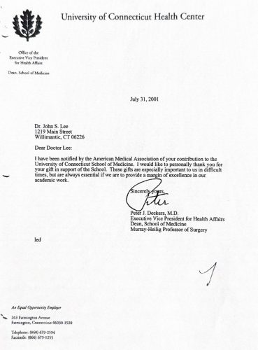 4-49 : UCONN Health Center에서 이상원 박사가 낸 기부금을 받고  감사의 편지를 보냈다.  2000년 7월